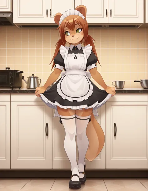 masterpiece, best quality, indoors, kitchen, full body,long eyelashes,smile, maid,white thighhighs, maid headdress, Rocketgirl, 1girl, solo, animal ears, furry female, tail, brown hair, long hair, green eyes, bangs,freckles, brown fur,full body, sidelocks,...