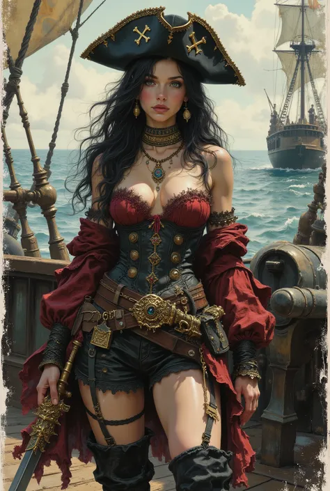 Grunge analog full body photo of a female pirate with fitness body, long black wavy hair, wearing a black pirate hat decorated with crossed bones, gothic black and red corset and gothic shorts, pirate style boots high boots. She holds a sword in his right...