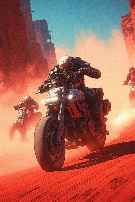 Ultra detailed cinematic sci-fi scene, futuristic armored riders on high-tech motorcycles racing through a red desert canyon, dust clouds exploding behind them, harsh sunlight, lens flare, photorealistic textures, cinematic shadows, dynamic motion blur, ex...