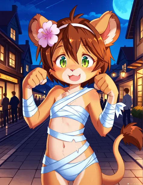 Keiko,1girl, solo, brown hair, furry female, green eyes, smile,animal ears, tail, animal nose, hairband, hair ornament, hair flower, body fur, short hair, bangs, lion ears, outdoors, city street on Halloween night, mummy costume, background, solo focus, hi...