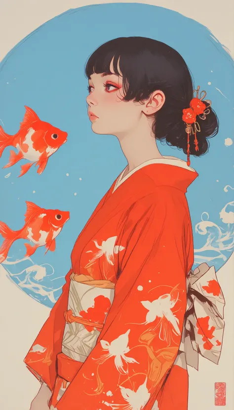 There is a woman wearing a kimono with a goldfish in the background, artwork in the style of Gwyds, Japanese painting style, Artgerm and Atey Ghailan , Los Trans 8 k, Ilya Kuvshinov, Gwyds, Yangjun Chen, Los Transに触発されています, Jan J, Los Trans. Landscape Back...