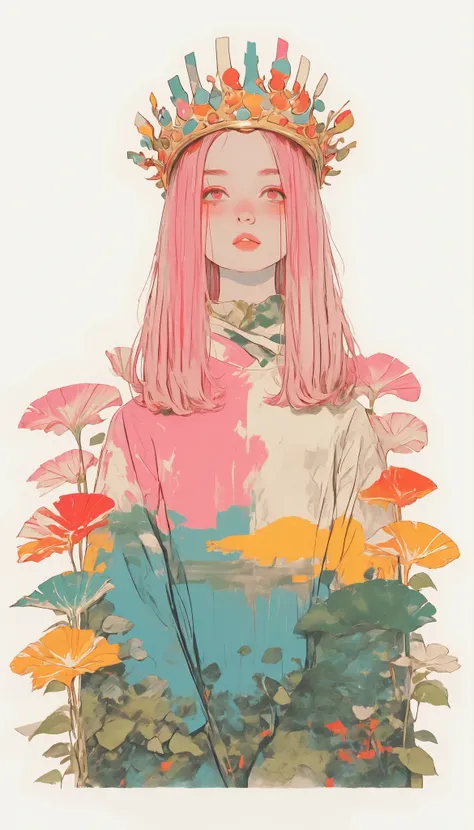 green々Gentle brush strokes convey a sense of movement and fluidity, Colorful Leaves. The crown is composed of various leaves、flower that draws a green palette, Blues, Yellow, and、with hints of red and pink, gives an impression of natural beauty and vibranc...