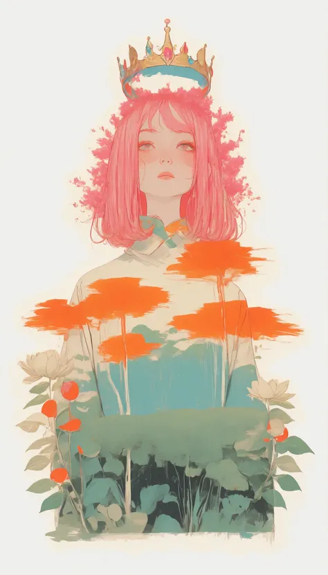 green々Gentle brush strokes convey a sense of movement and fluidity, Colorful Leaves. The crown is composed of various leaves、flower that draws a green palette, Blues, Yellow, and、with hints of red and pink, gives an impression of natural beauty and vibranc...