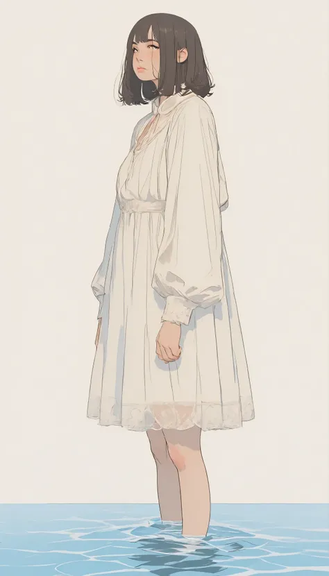 Picture of a woman in a white dress standing in water, Rob Ray and kentarõ miura style, Makoto Shinkai監督のシリル・ロランド, Rob Ray, Beautiful Artwork Illustrations, スタジオジブリMakoto Shinkai, A beautiful animated work of art, brave. by Makoto Shinkai, Guweiz masterpie...