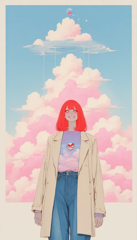 A person stands gracefully against a backdrop of towering clouds, their arms outstretched in a gesture of exuberant freedom. The individual is dressed in a beige trench coat over layered clothing—a deep purple shirt and loosely hanging blue jeans, which ad...