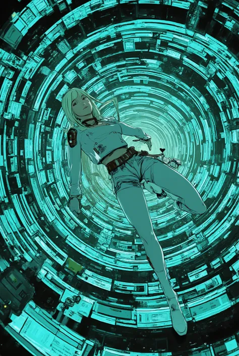 Highly detail picture of a girl falling on a tubeade by TV screens , pingtu style,illustration-fen,cyberpunk,film style,white lines,hands,masterpiece、top quality、detailed expressions、均整のandれた構図、8k、very realistic、realistic、解剖学的に正確な手and指、natural skeletal rat...