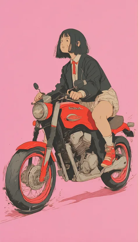 An anime girl is riding a motorcycle on a pink background, illustration style, Akira motion movie style, Japanese Illustrator, anime style illustration, artwork in the style of Gwyds, Akira Style illustration, Tsutomu Nihei style, Akira's motorcycle, Akir...