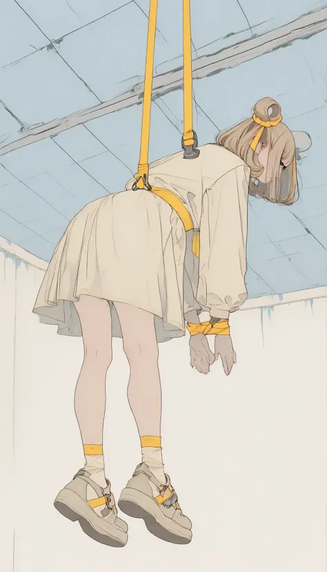 The concrete walls and ceiling feature partially visible metal structures {x} 印象的な青い服を着た女性がインダストリアルスタイルの空間inポーズをとる. video game, reminiscent of a popular character. The minimalist background combines the artistry of cosplay. Her hair is tied up in two buns,...