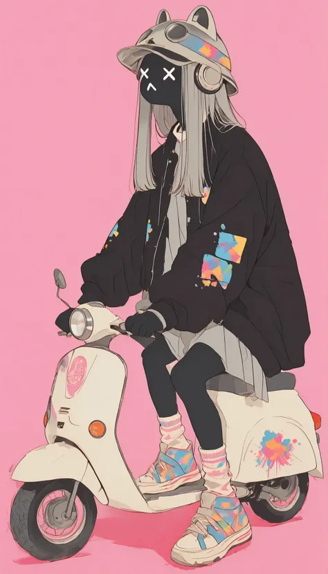 on a pink background、likeい女性がゴツゴツしたスクーターに座っている。 she says 、She pairs thick socks with gray high-top sneakers {x} and wears a black fur jacket with colorful patches and decals from under a helmet with playful stickers and graffiti {x}、creates a punk vibe。rei...