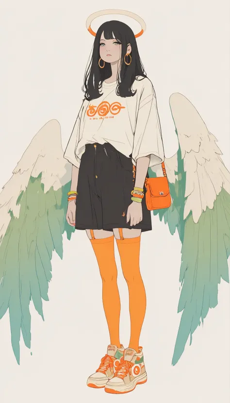Confident Young Woman, embodies a fusion of urban and mythological aesthetics. She wears a loose white t-shirt with orange letters "Buddies Love of Mine," and dark shorts. Her style is accentuated by bright orange thigh-high stockings and colorful sneakers...