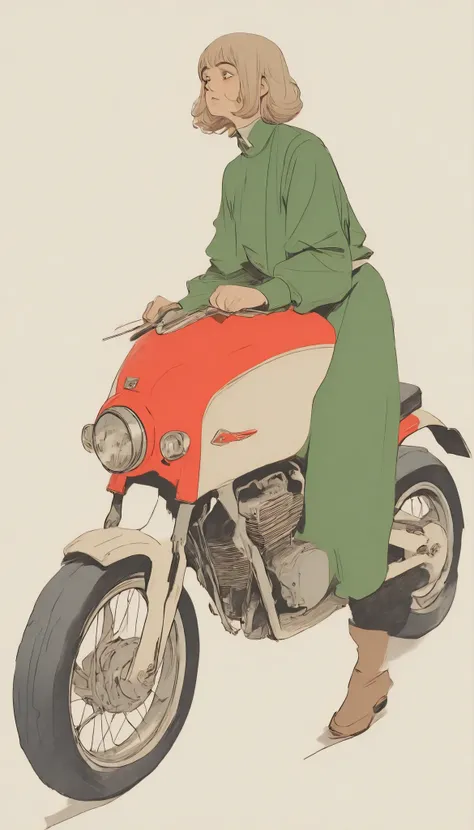 赤と白のBikeに乗る茶色のジャケットとヘルメットをかぶったオートバイライダー, Cafe Racer, 1 9 6 0 s Cafe Racer, 巨大なドゥカティ・パニガーレ・モーターBike, with large chrome tubes, inspired Antonio Saura , Italian style, details, Italian masterpiece , 「Luke」, Antonio Saura , FRANCESCO FILIPPINI INSPIRED, Bik...