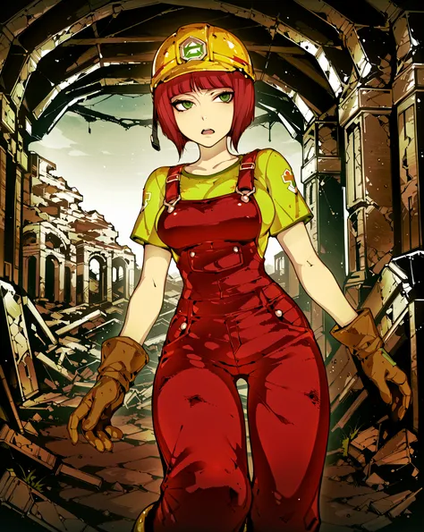 Source_anime, fishine style, 1girl, solo, redhead BREAK 

Short hair, red hair, bob_cut, bangs, green eyes, medium breasts BREAK   

Yellow shirt, short sleeves, red overalls, hard hat, brown gloves BREAK  

Bored, , open mouth, walking

Nature island, ind...