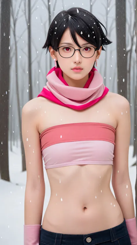 Masterpiece, best quality, 8k, ultra high resolution, photorealistic, cinematic composition,1girl, solo,sarada uchiha,red eyes,red eyes, black hair,(very short hair:1.5),outdoors,potrait,small breast,nature,standing still,wear glasses,close up,earings,look...