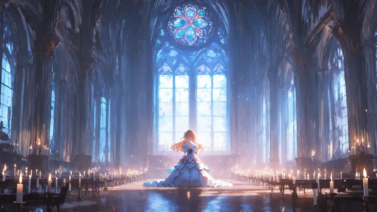 As dawn breaks, the candles fade in a grand, abandoned ballroom. The woman kisses the fading shadow of her lover, tears glimmering in the morning light. The moonlight gives way to soft sunrise through stained glass windows. A single candle still flickers b...