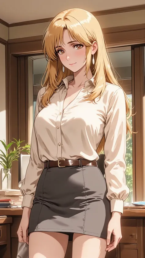 An anime woman, A sophisticated married woman in her 30s, with long, flowing blonde hair. She has natural makeup and a slight, knowing smile. She has natural and correct anatomy, perfectly rendered hands with five fingers, and well-proportioned limbs. She ...