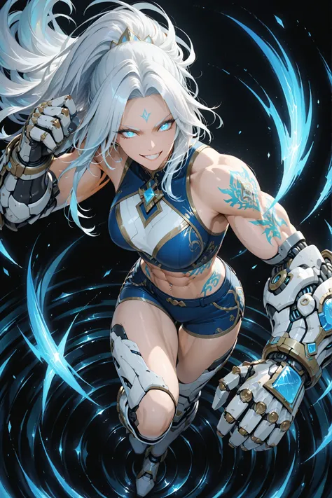 Full body shot from above, showing the face of a tall, fierce, extremely muscular, and beautiful young woman in a dynamic battle stance — legs braced, one arm raised with clenched gauntlet, the other ready to strike. Her long tied flowing Celestial Azure h...