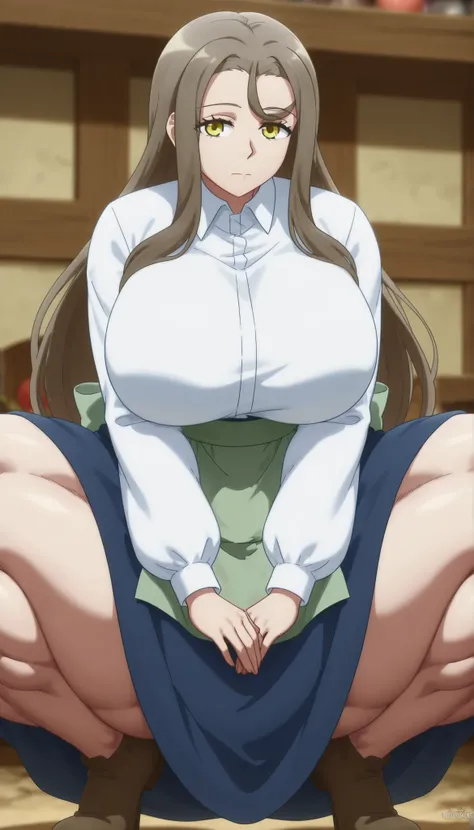 fara_mne,brown hair, long hair, hair between eyes, sidelocks, yellow eyes,white shirt, collared shirt, long sleeves, blue skirt, long skirt, green apron, brown footwear, huge breasts, thick muscular thighs, wide curvy hips, voluptuous body, Curvy body, thi...