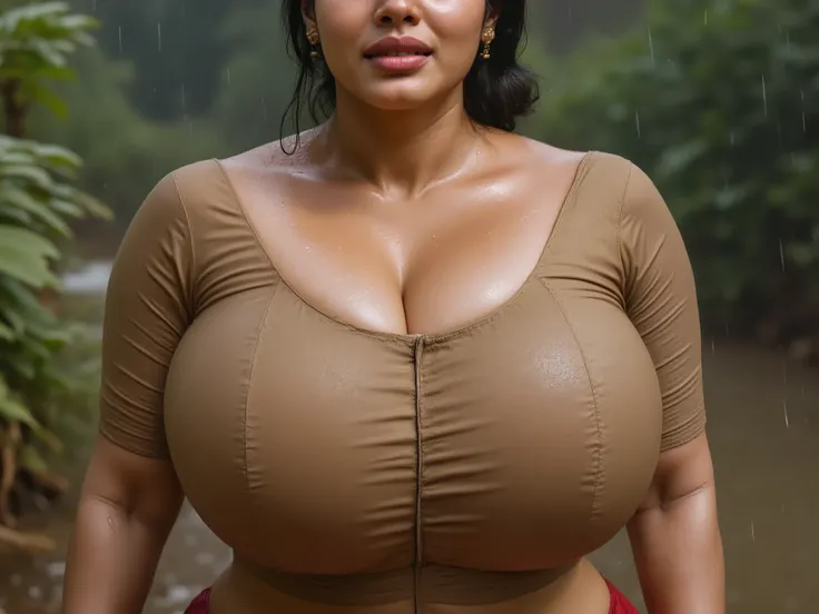 Busty indian curvy slim women,  wearing  blouse and jeans, walking in rain