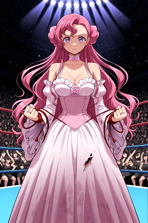 best quality, ultra-detailed, finely detail, Euphemia li Britannia in fighting stance within boxing ring, once-elegant dress now strategically torn revealing bare shoulders and partial cleavage, signature pink hair coming undone from decorative bun with fl...