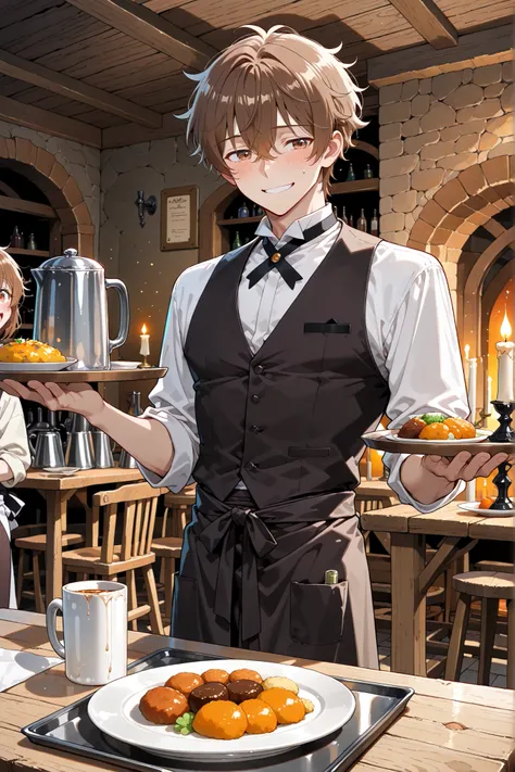 high quality, masterpiece, ultra-detailed, young human male (19 years old), timid expression, slender and agile body, short brown messy hair, warm brown eyes, (fantasy tavern setting), (wearing a simple white shirt with rolled sleeves, dark vest, and apron...