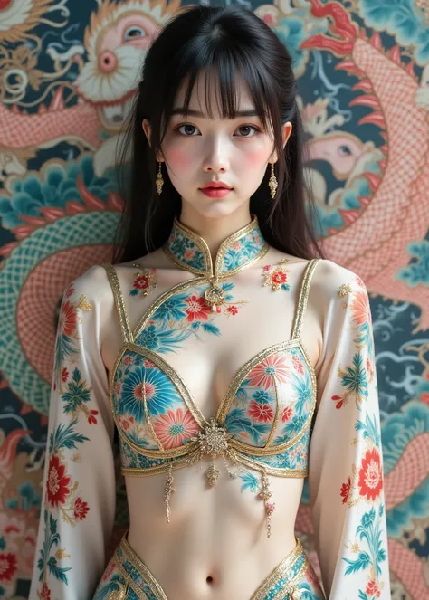 Ultra Hi-Vision, high resolution, high resolution, 24K Video Quality. woman、彼女はbeautifulチャイナミニドレスを着ています、beautiful, big eyes、 Full Body Portrait of a Cute 16 Year Old Japanese Girl, The China dress is adorned with vibrant dragons and other mythical element...