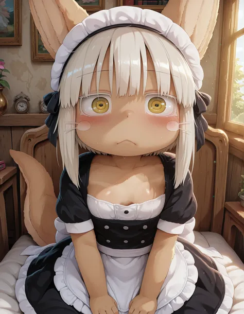 Dagashi,, ldl,, Hype4realistic,, photorealistic, masterpiece, best quality, amazing quality, very aesthetic, absurdres, newest,, solo, 1girl , Nanachi(MADE IN ABYSS), maid outfit ,