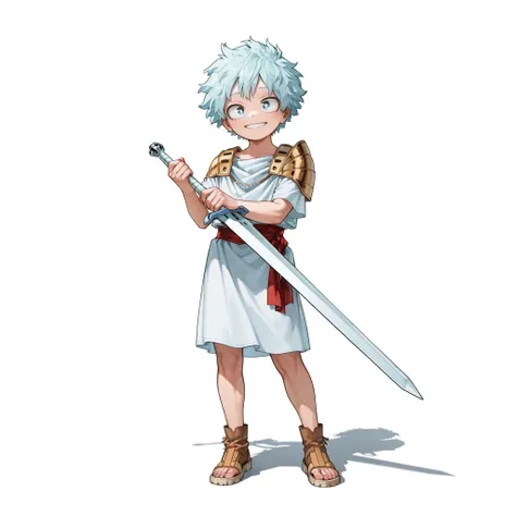 (male), (little boy), (slim body), (light blue hair), (blue eyes), (happy face), (solo), (single character), (full body version), (white background), (no background), (highly detailed), (shadow), (standing pose), (natural light), (detailed outfit), (detail...