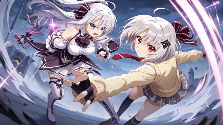 2girls, yukihira furano, furano, short hair, silver hair, red eyes, hair ornament
white shirt, long sleeves, yellow sweater vest, red necktie, pleated skirt, grey skirt, thighs, black socks, brown shoes, rinne berlinetta, ((white thigh-length boots)), abso...