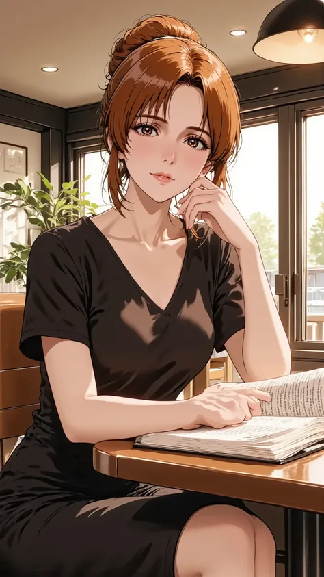 An anime woman, A mature 30s woman, a wife and mother, exuding adult charm, in a stylish yet modest midi dress. She has natural and correct anatomy, including her hands and feet. She is in a full-body seated pose at a quiet cafe table, deeply engrossed in ...