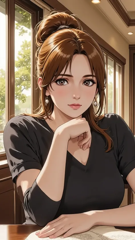 An anime woman, A mature 30s woman, a wife and mother, exuding adult charm, in a stylish yet modest midi dress. She has natural and correct anatomy, including her hands and feet. She is in a full-body seated pose at a quiet cafe table, deeply engrossed in ...
