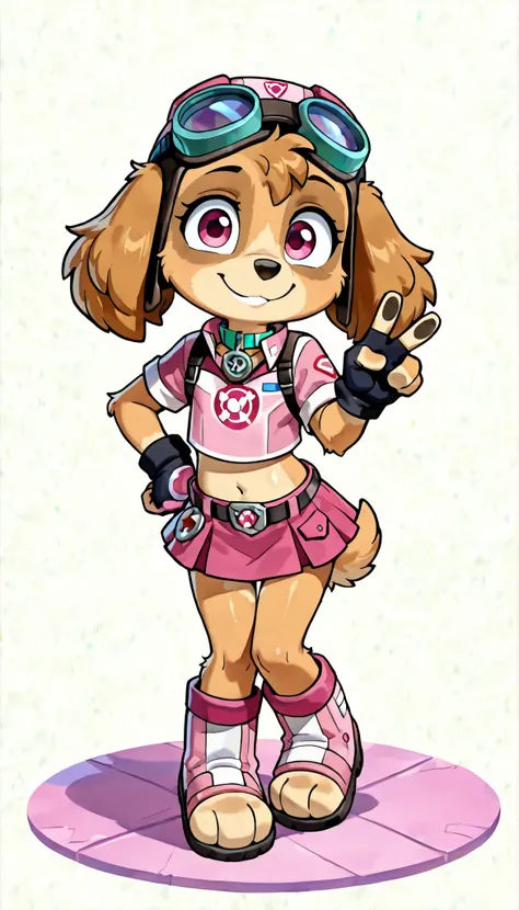score_9, score_8_up, score_8, source_cartoon, source_furry, 1girl, solo, Skye(PP), dog, anthro, dog, furry, Cockapoo, pink eyes, golden-brown body fur, golden-brown hair, cute face, 4 fingers, standing, ((goggles, pink pilot hat, Skye collar, pink top, mid...