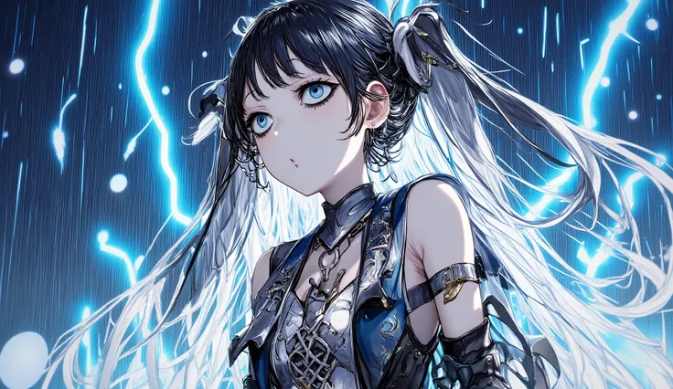 anime gothic girl with silver twin tails, shouting in the rain, lightning flashing behind her, intense expression, dark gothic armor with metallic accents, glowing blue eyes, upper body portrait, cinematic lighting, detailed anime style, thunder and rain a...
