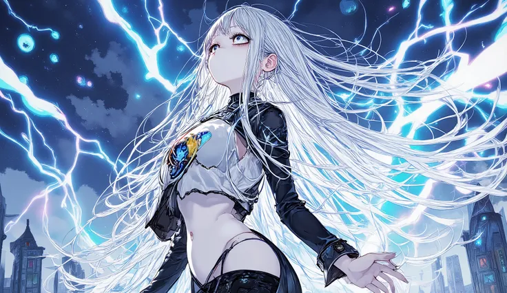 anime girl with long silver twin tails surrounded by lightning arcs, gothic dress flowing in the wind, serious determined gaze, glowing thunder sigils on her chest, stormy sky background, dramatic composition, half-body focus