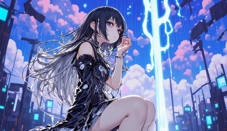gothic anime girl kneeling under stormy sky, silver twin tails wet from rain, blood and lightning on her hands, sorrowful yet strong expression, dark blue and purple tones, emotional anime art, detailed upper body composition
