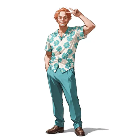 (male), (old man), (tall body), (fit build), (short messy orange hair), (brown eyes)), (solo), (single character), (full body version), (white background), (no background), (highly detailed), (shadow), (standing pose with peace sign), (natural light), (det...