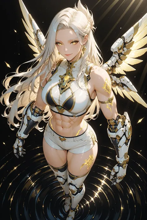Full body shot from above, showing the face of a tall, elegant, and very muscular mature woman radiating warmth and divine grace. Her tied long flowing godddess hairstyle golden-white hair shines softly with sunlight highlights, tied neatly behind her shou...