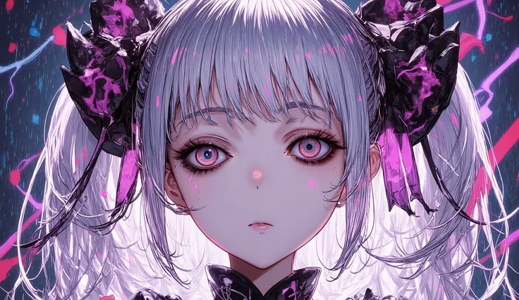 A close-up portrait of a beautiful anime girl with silver twin tails. Eyes glowing red with determination. Surrounded by lightning and rain flashes, embodying gothic metal aesthetics. A dark, stormy background. An intricately detailed expression. Hair blow...