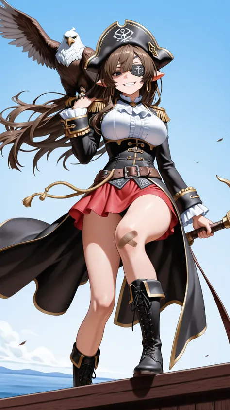 masterpiece, Highest Quality, amazing quality,female pirate,Full Body,Cool Poses,fearless smile,looks down at viewers,Long Hair Fluttering in the Wind,black eye patch on right eye,red mini dress,black lace-up boots on knee,He is carrying a large eagle on h...