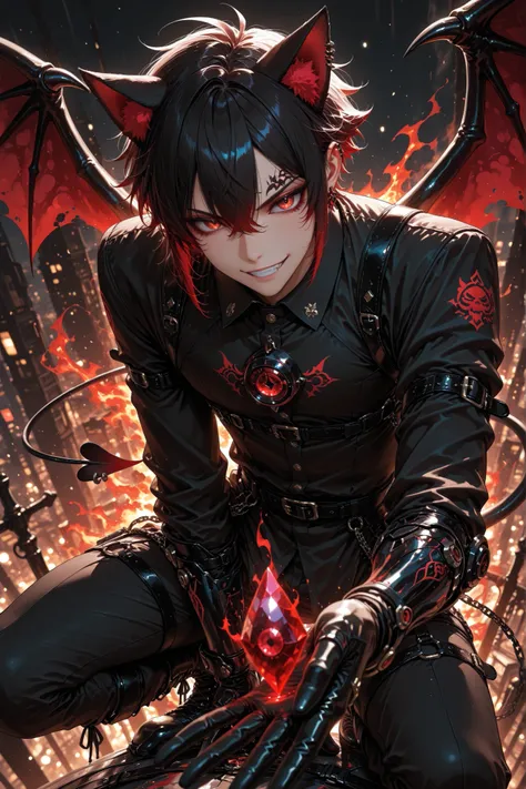1boy, devilish jewel boy with jet-black hair and crimson eyes, cat ears and sleek black tail, dark red and black outfit with ruby and onyx accents, small demon wings with jewel glow, mischievous grin, holding a glowing dark gem, surrounded by flames and sm...