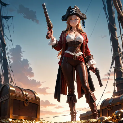 (masterpiece, best quality, amazing quality, absurdres, very aesthetic), (Hollywood film, cinematic film), (1girl, solo), gold long hair, blue eyes, (pirate costumes, tricorn hat, white blouse, leather corset, leather long pants, sturdy boots), (holding ol...