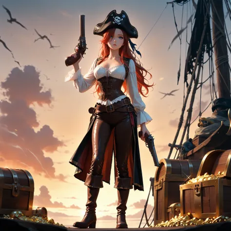 (masterpiece, best quality, amazing quality, absurdres, very aesthetic), (Hollywood film, cinematic film), (1girl, solo), gold long hair, blue eyes, (pirate costumes, tricorn hat, white blouse, leather corset, leather long pants, sturdy boots), (holding ol...