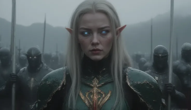 ((masterpiece)) ((photography)) ((Highest quality)) A hyper-realistic fantasy warrior elf woman standing in the center of an armored army with long spears. She has long blonde hair, sharp elven ears, and piercing blue eyes. Her face is fierce and determin...