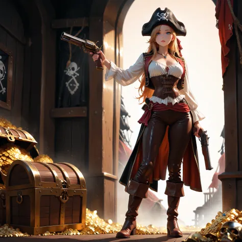 (masterpiece, best quality, amazing quality, absurdres, very aesthetic), (Hollywood film, cinematic film), (1girl, solo), gold long hair, blue eyes, (pirate costumes, tricorn hat, white blouse, leather corset, leather long pants, sturdy boots), (holding ol...
