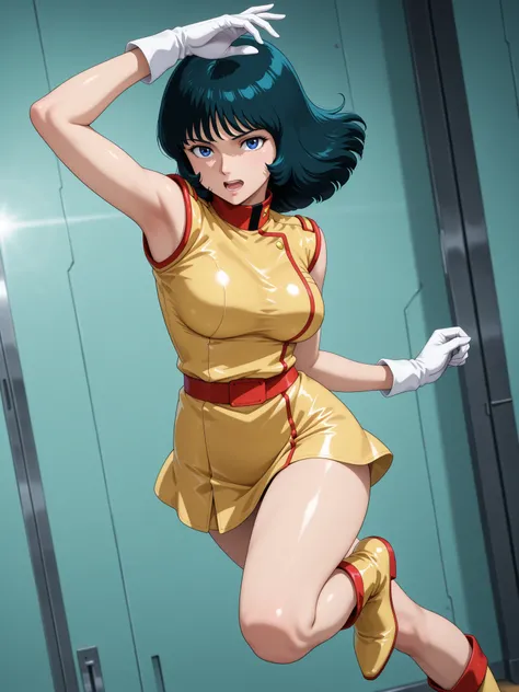 ((dynamic angle, dynamic position)), anime-style face。 corpo realista, (((estilo anime. sombreado cel))), ((pele brilhante)), estilo oficial, cor completa, Fa Yuiry, Zeta Gundam, very aesthetic, melhor qualidade, intrincado, uma garota, (cabelo preto), olh...