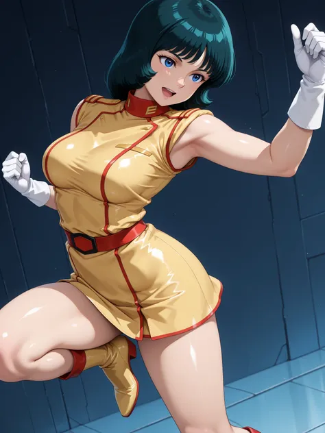 ((dynamic angle, dynamic position)), anime-style face。 corpo realista, (((estilo anime. sombreado cel))), ((pele brilhante)), estilo oficial, cor completa, Fa Yuiry, Zeta Gundam, very aesthetic, melhor qualidade, intrincado, uma garota, (cabelo preto), olh...