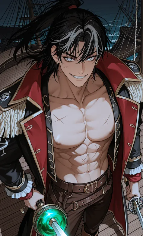 moody lighting, dramatic shadows, bloom lighting, colored shadows, (masterpiece:1.3, best quality:1.3), anime style, 1male, solo, young man, mid-twenties, olive skin with a rugged charm, sharp angular features, wild shoulder-length black hair with silver s...