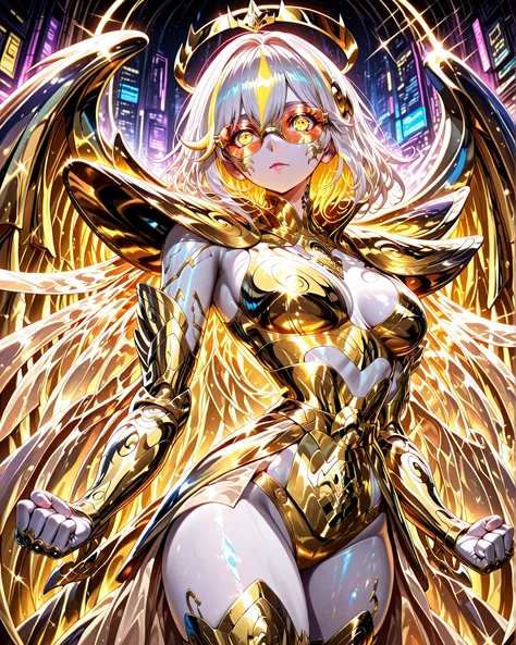 Front angle, (masterpiece, 4k, ultra detailed, vivid colors), {1woman}: (a beautiful and attractive woman, white skin, short white hair with yellow highlights, iris-free eyes totally bright yellow, wearing cyberpunk style glasses, wearing golden armor insp...
