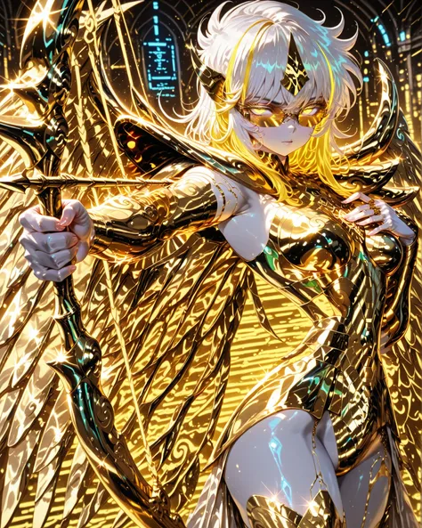 Side angle, (masterpiece, 4k, ultra detailed, vivid colors), {1woman}: (a beautiful and attractive woman, white skin, short white hair with yellow highlights, iris-less eyes completely bright yellow, wearing cyberpunk style glasses, wearing golden armor in...