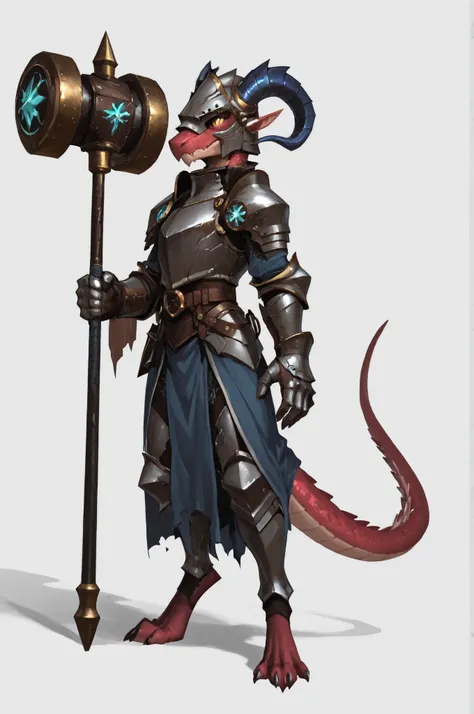 WarlockMaster, winged helmet, helm, pauldrons, shoulder armor, armor, full armor, cape, gauntlets, brown belt,pointed ears, long draconic snout, lean physique, kobold, blue scales, great gray horns, highly detailed, best quality, holding great iron hammer