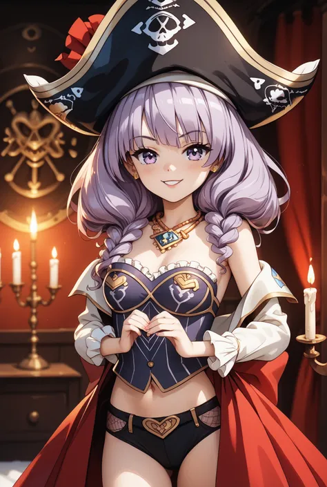 masterpiece,very detailed,beautiful faces,And high-precision,cute devil girl,(one woman),(The Enchanted Pirate:1.5),(a devil wearing a pirate hat:1.5),,behind the bed is a devil candle stand、Candlelight,external, Expression of victory ,I can see my black ...